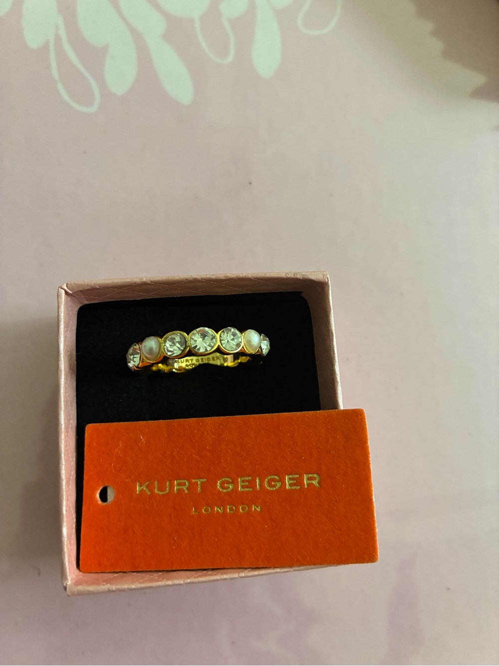 Kurt Geiger Gold Pearl and Crystal Band Ring size 9
